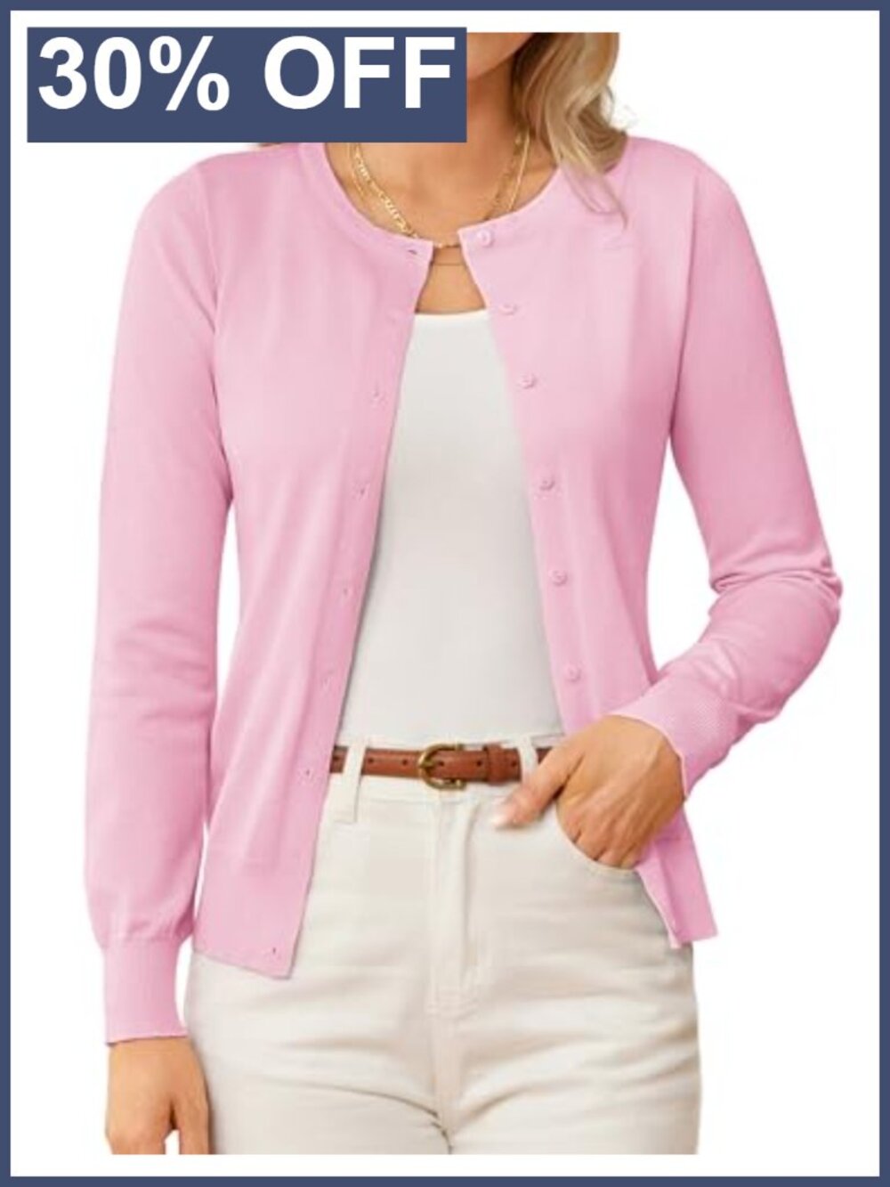 Knit Button Down Cardigan Crew Neck Long Sleeve Lightweight